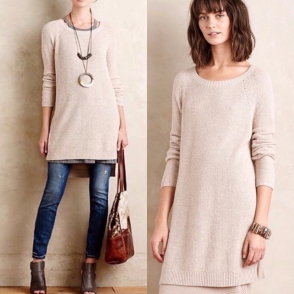 Anthropologie Cashmere Tunic Sweater Beige Oatmeal Size XS Moth Pasadena Top